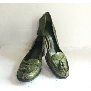 Nine West Green Croc Embossed Block Heel Loafer w Decorative Tassel - Size 6 M